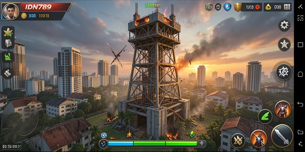 Screenshot gameplay menampilkan aksi bertahan menara yang intens.