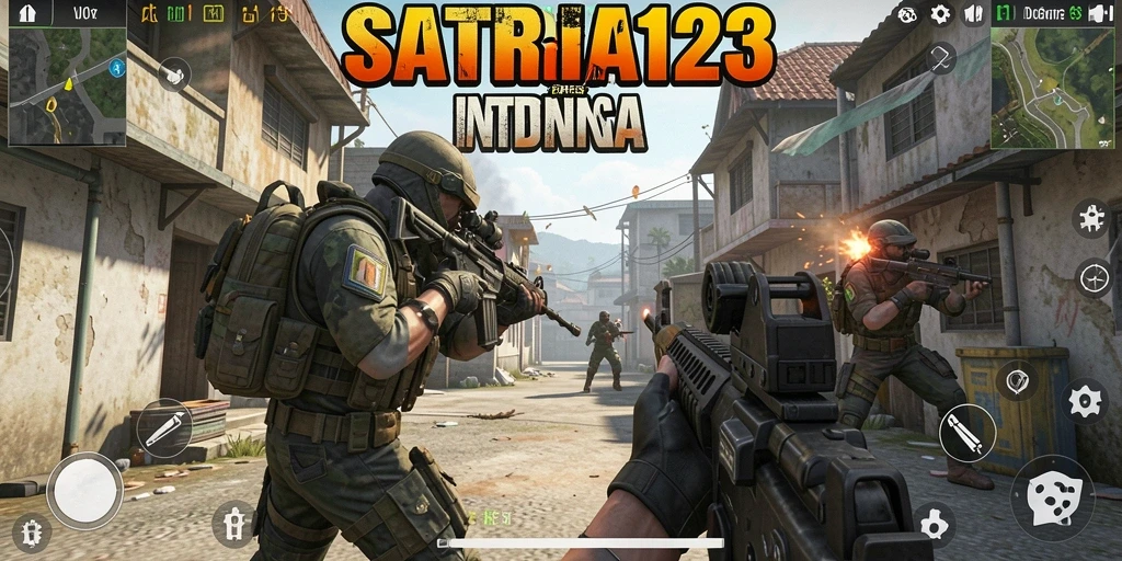 Screenshot SATRIA123 menampilkan aksi pertempuran seru dalam game FPS.