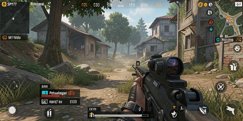 Screenshot gameplay SPY77 menampilkan pertempuran seru dan strategis.